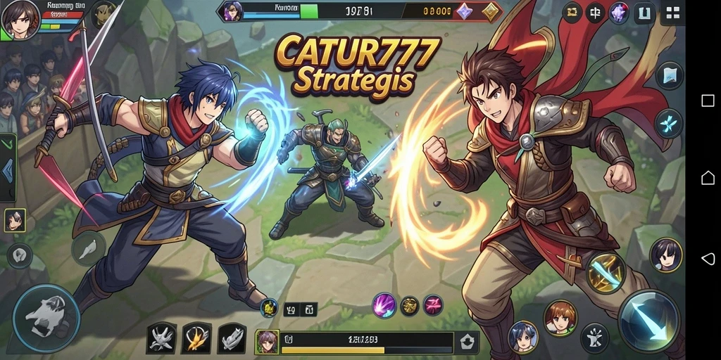 Screenshot gameplay CATUR777 menampilkan pertarungan karakter anime yang seru.