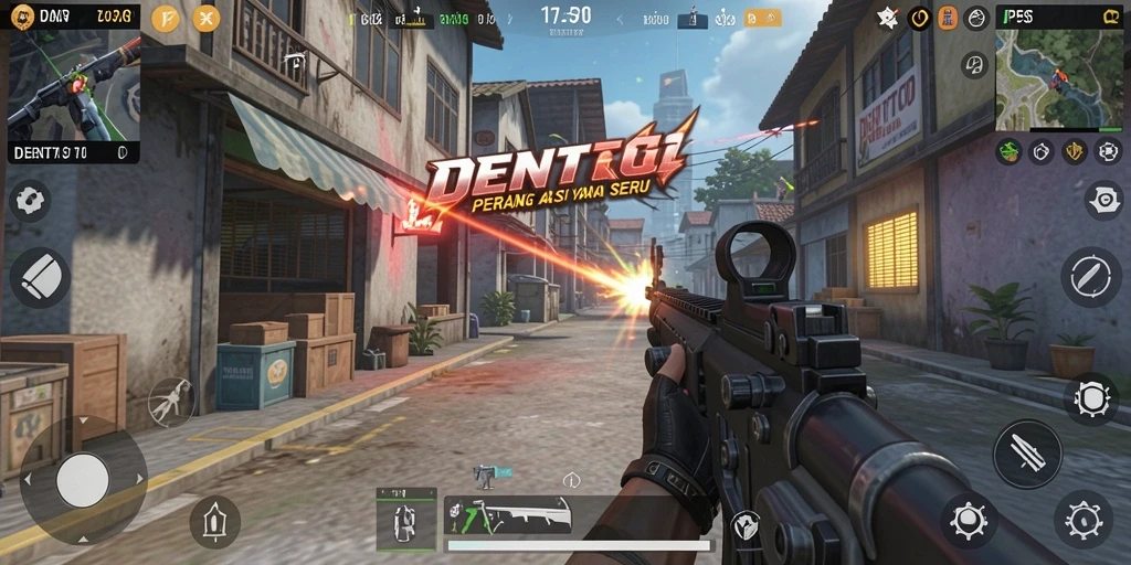 Tampilan gameplay seru dalam DENTOTO dengan aksi tembak-menembak yang intens.