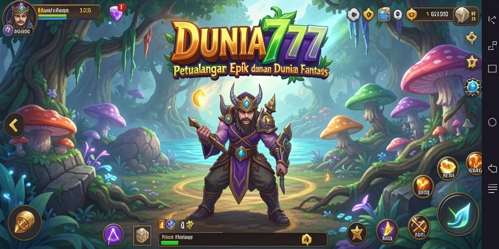 Screenshot gameplay DUNIA777 menunjukkan pertarungan epik di dunia fantasi.