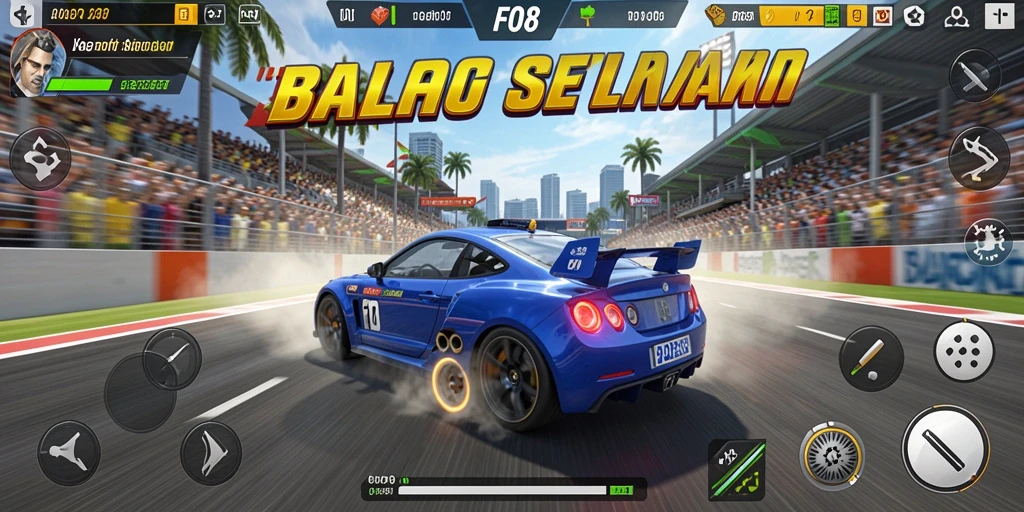 Tampilan gameplay FO8 dengan mobil balap dalam aksi di trek.