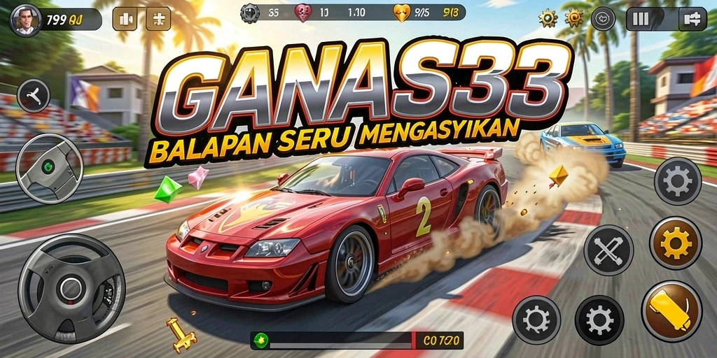 Gameplay seru GANAS33 dengan kendaraan balap yang cepat.