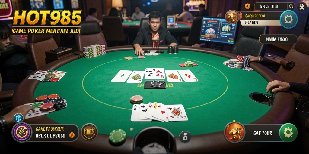 Screenshot gameplay HOT985 dengan suasana Poker yang mendebarkan.