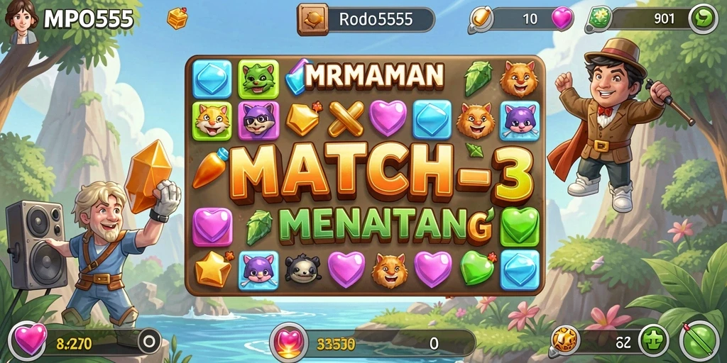 Screenshot MPO555 menunjukkan gameplay Match-3 yang menawan dan mendebarkan.