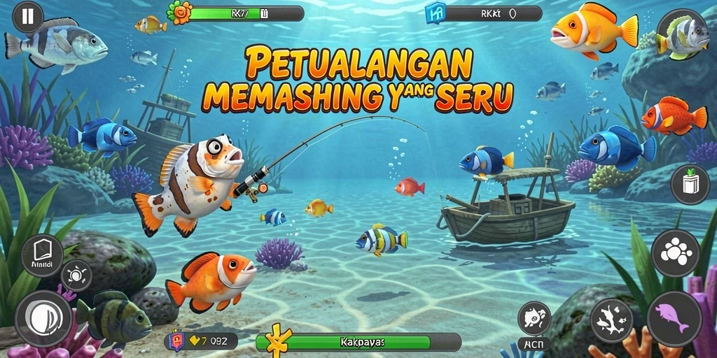 Tampilan gameplay RK77 yang menampilkan momen menangkap ikan.